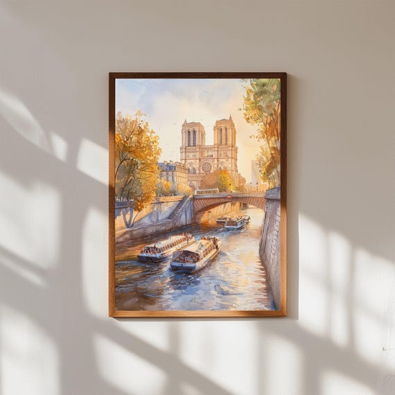 Paris Watercolor Print Notre Dame Seine River French Autumn Cityscape