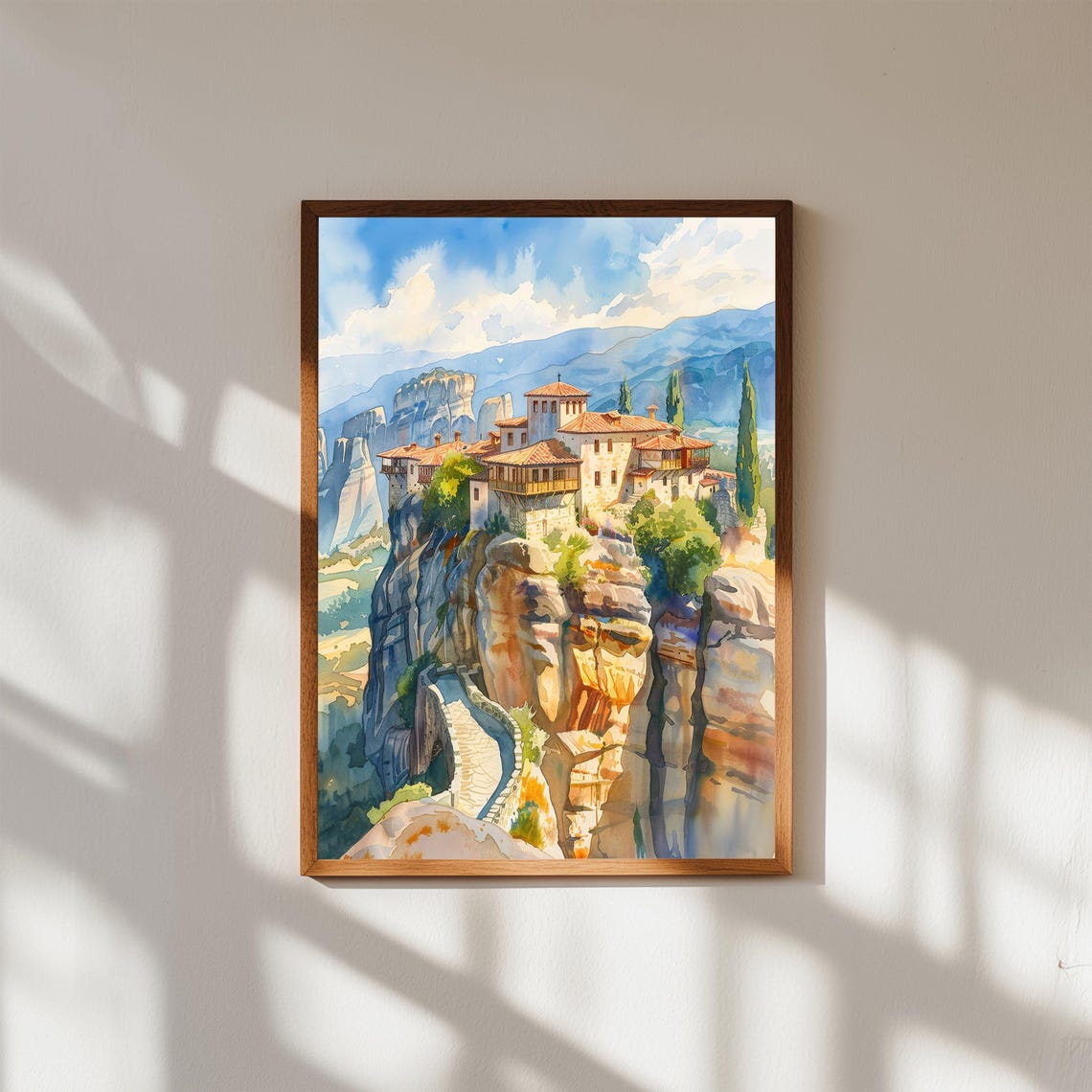 Meteora Greece Monastery Cliffside Stone Bridge Watercolor Art Poster