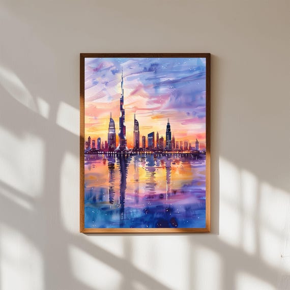 Dubai Skyline Watercolor Print Burj Khalifa Sunset Art
