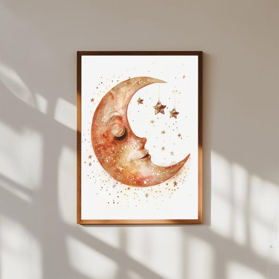 Watercolor Moon And Stars Print Celestial Nursery Art