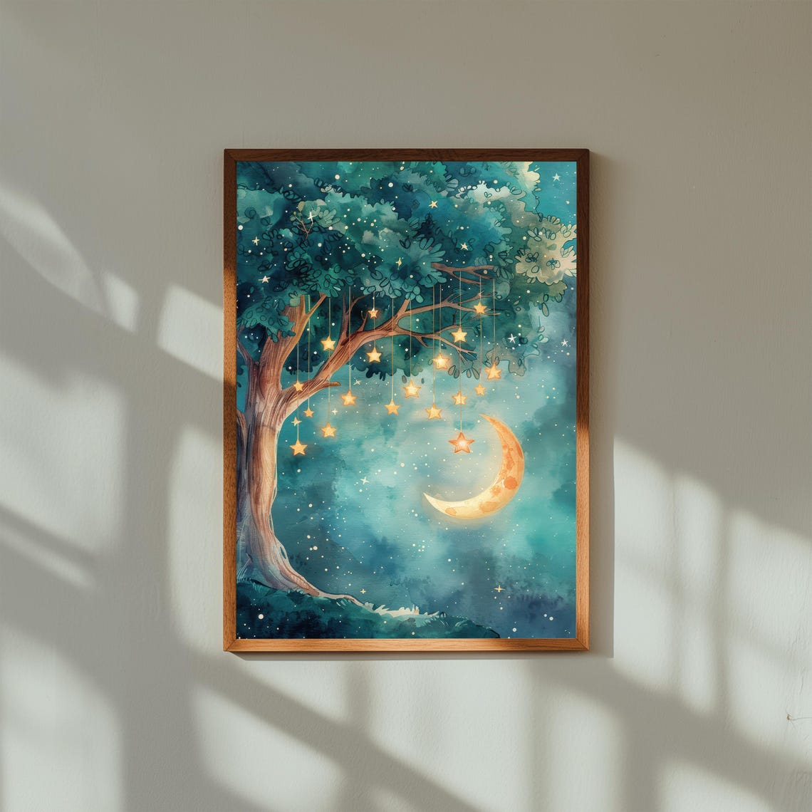 Magical Star Tree Crescent Moon Celestial Nursery Watercolor Poster