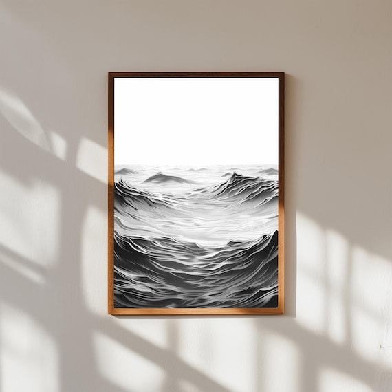 Minimalist Ocean Wave Line Art Print Black White Seascape Modern Decor