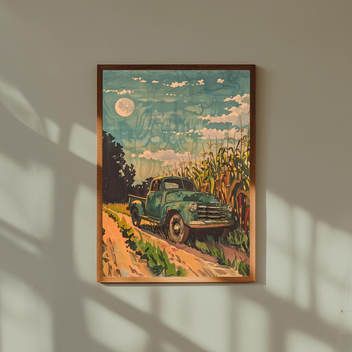 Vintage Green Pickup Truck Cornfield Moon Retro Farm Art Print