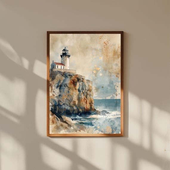 Lighthouse Seascape Painting Coastal Cliff Art Print