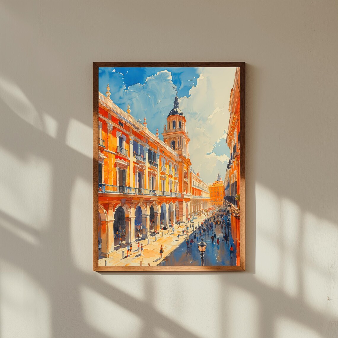 Plaza Mayor Madrid Watercolor Busy Historic Square Cityscape Poster