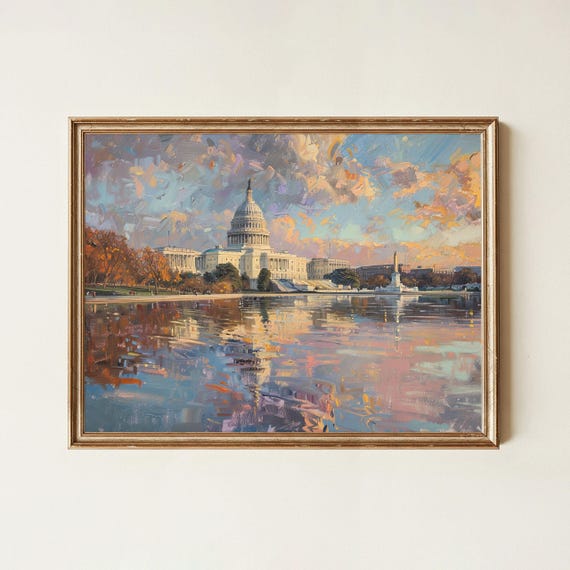Washington Dc Capitol Building Wall Art Oil Painting Style Usa Landmark Cityscape Canvas Print