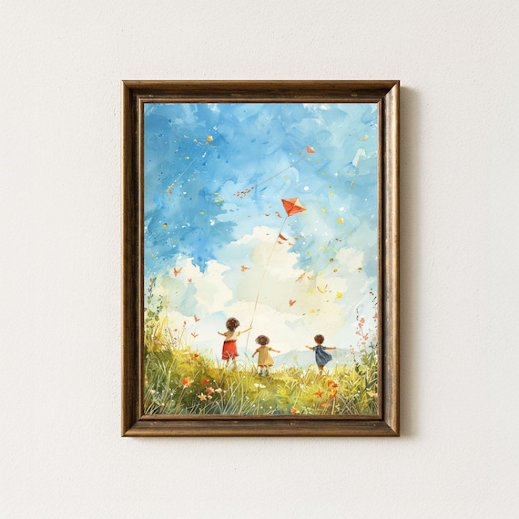 Children Flying Kite in Meadow Watercolor Art Print with Butterflies