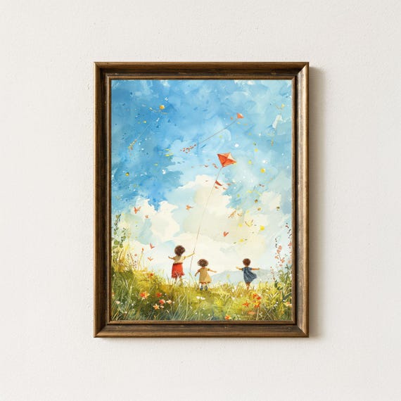 Watercolor Kite Flying Art Print Children In Field Playful Pastel Nursery Decor