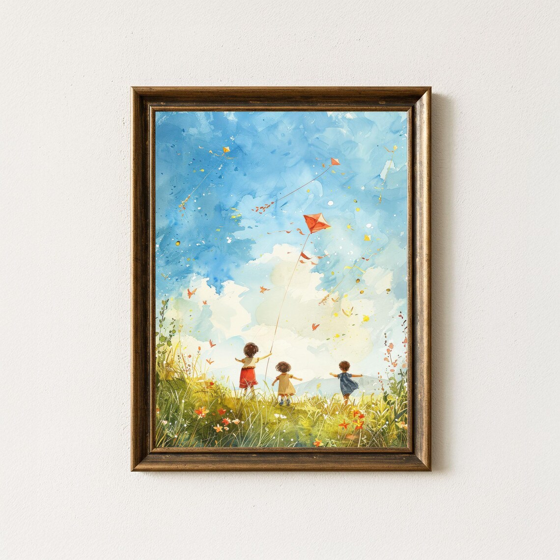 Children Flying Kite in Meadow Watercolor Art Print with Butterflies