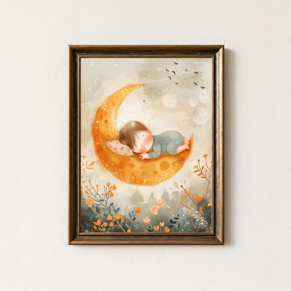 Baby On Moon Print Whimsical Watercolor Nursery Art