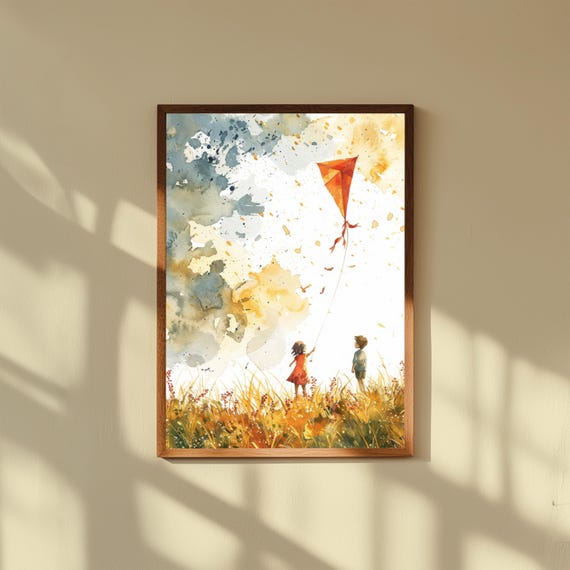Watercolor Kite Print Children In Field Playful Nursery Art