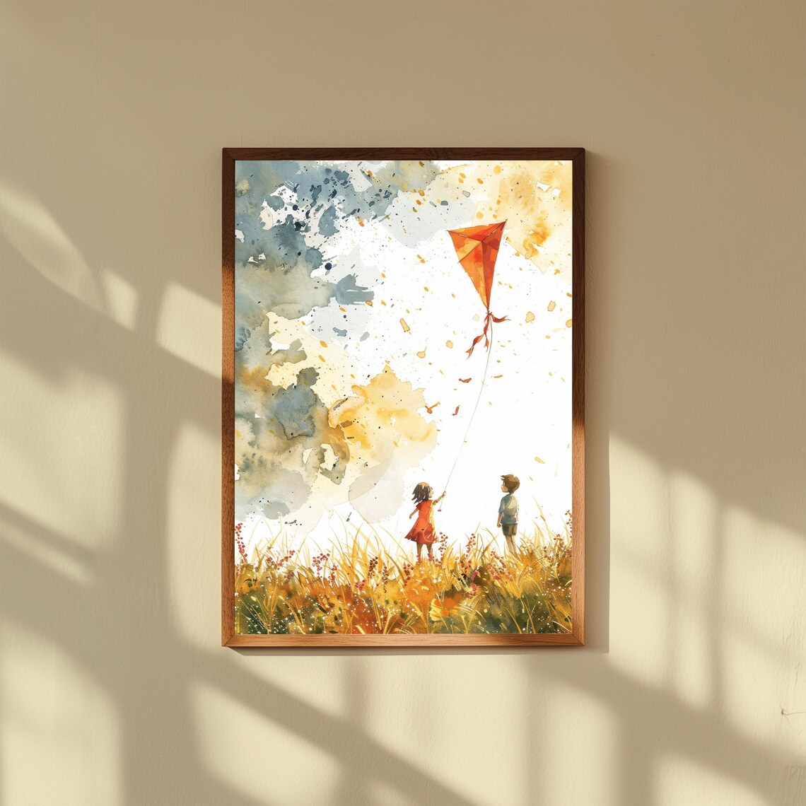 Watercolor Kids Flying Orange Kite Summer Meadow Breeze Poster