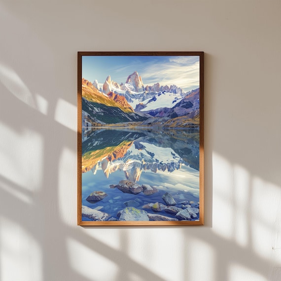 Snowy Granite Peaks Over Mirror Lake Alpine Watercolor Landscape Poster