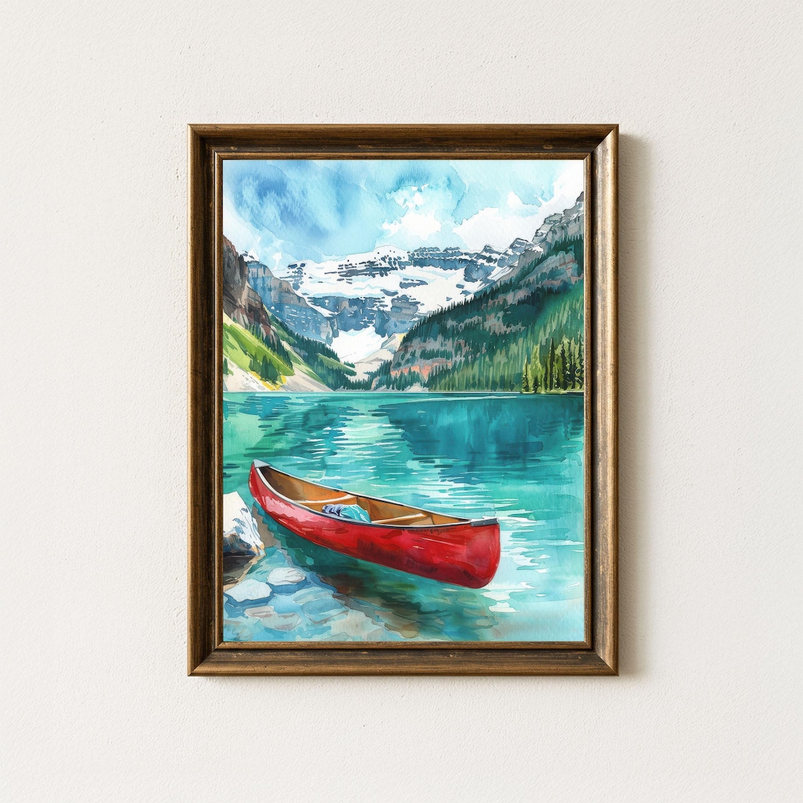 Lake Louise Red Canoe Banff Canada Turquoise Watercolor Art Poster