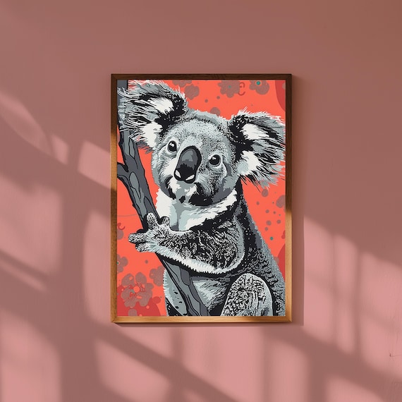Bold Pop Art Baby Koala Halftone Red Floral Kids Nursery Poster
