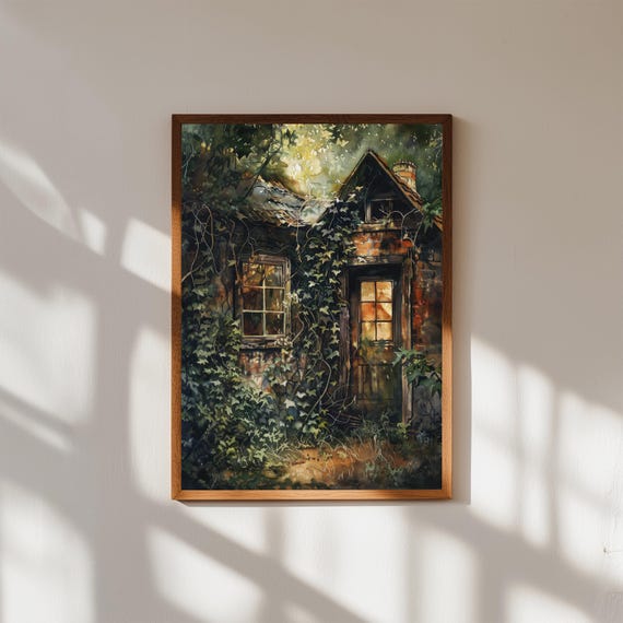 Abandoned Cottage Watercolor Print Ivy Covered House Wall Art Rustic Vintage Poster Dark Academia Home Decor Enchanted Storybook