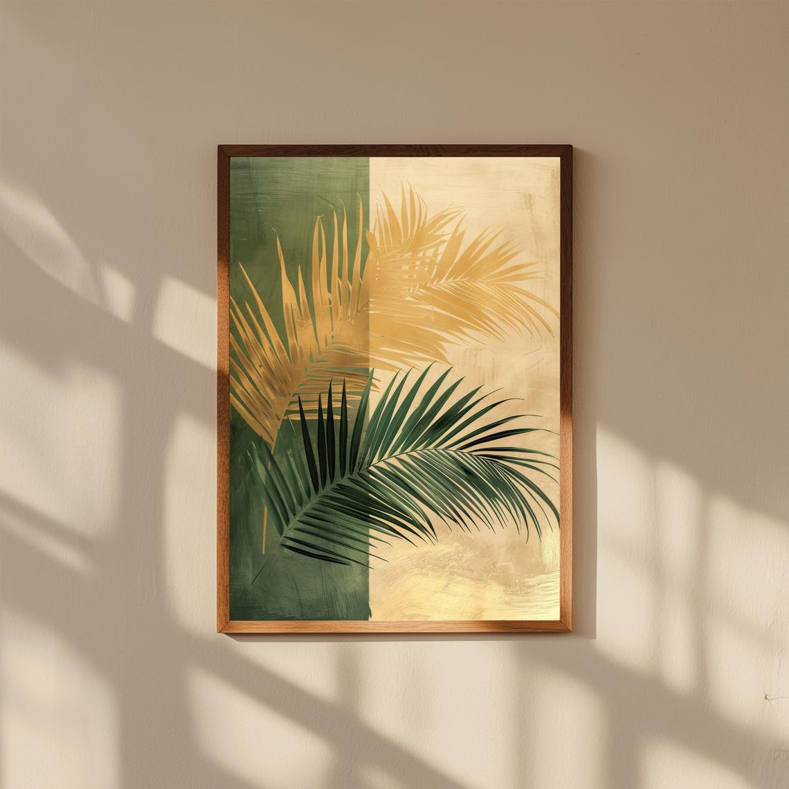Gold Green Palm Frond Tropical Split Background Modern Wall Print