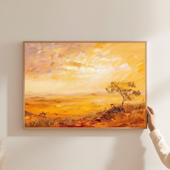 Golden Savanna Desert Plain Lone Tree Sunset Impasto Oil Poster