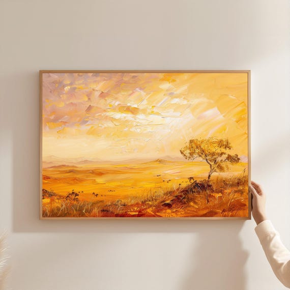 Golden Savanna Sunset Canvas Art African Landscape Oil Painting Style