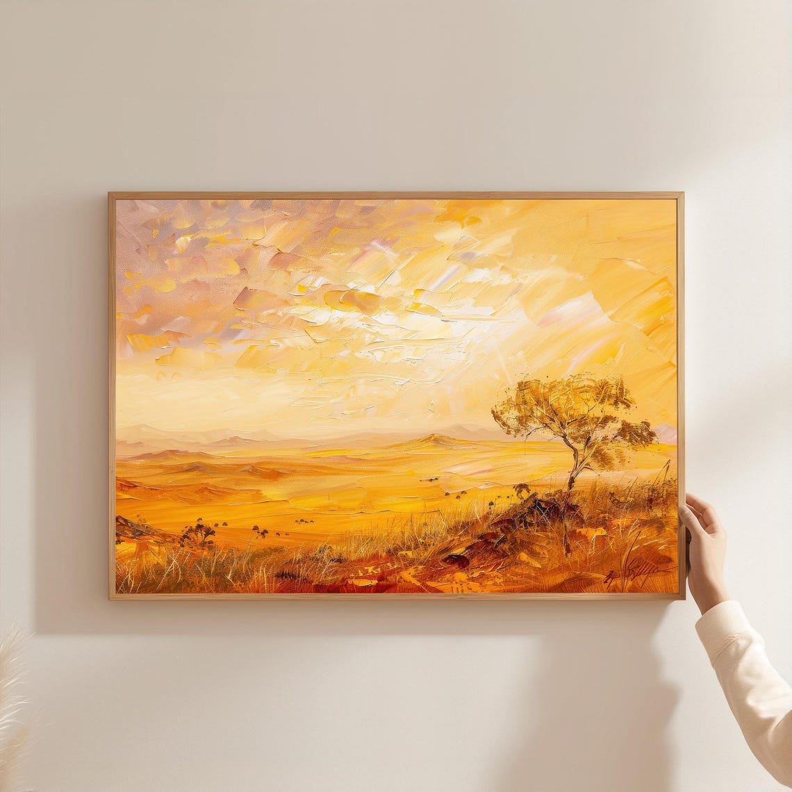 Golden Savanna Desert Plain Lone Tree Sunset Impasto Oil Poster
