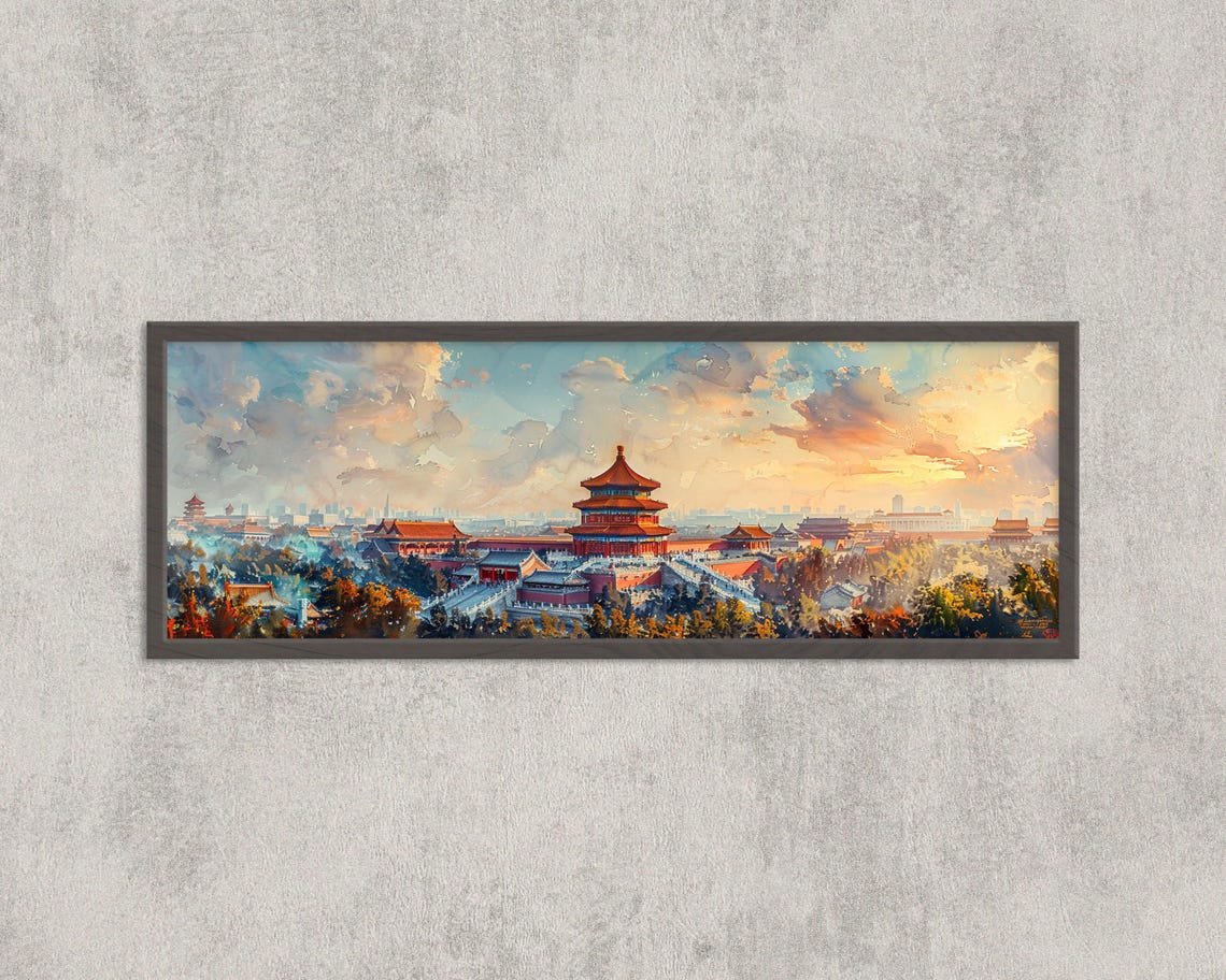 Panoramic Forbidden City Wall Art Beijing China Watercolor Skyline Print Ancient Palace Decor