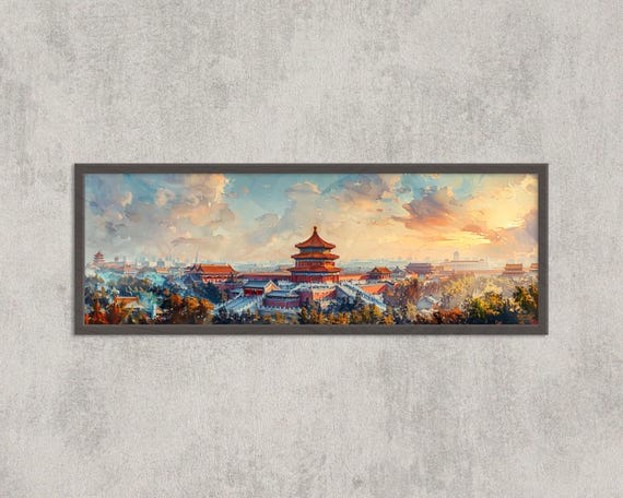 Panoramic Forbidden City Wall Art Beijing China Watercolor Skyline Print Ancient Palace Decor
