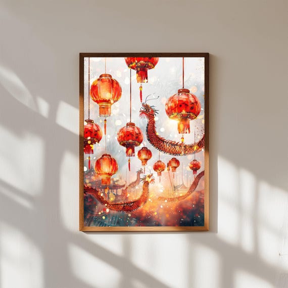 Chinese Lantern Festival Red Dragon Lanterns Watercolor Art Poster