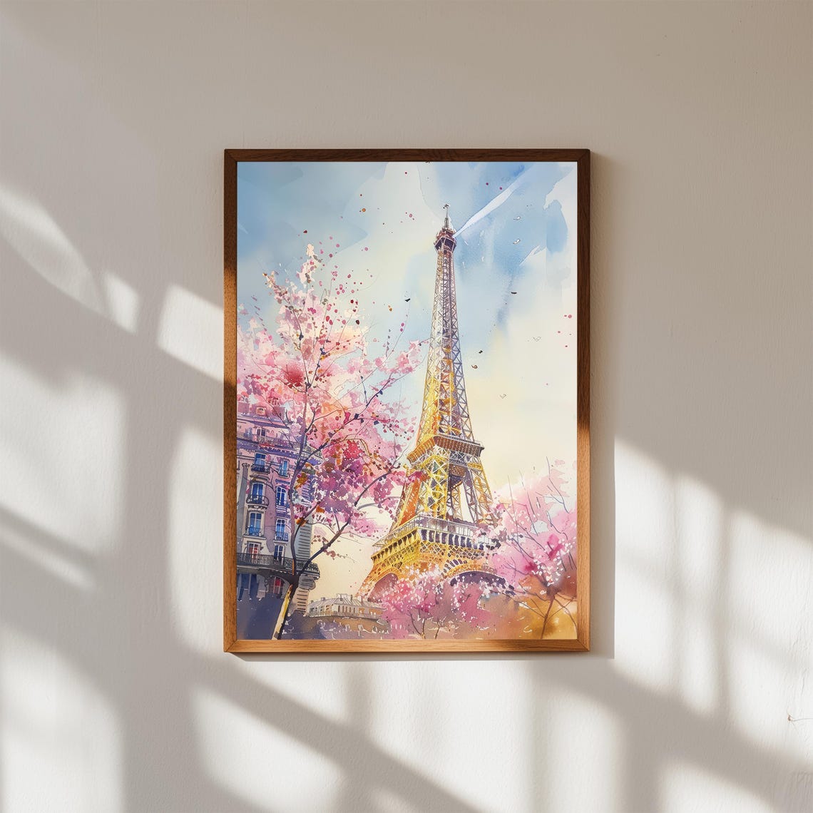 Eiffel Tower Spring Cherry Blossom Paris Watercolor Landmark Poster