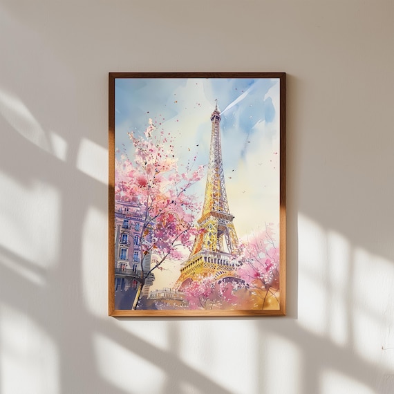 Eiffel Tower Spring Cherry Blossom Paris Watercolor Landmark Poster