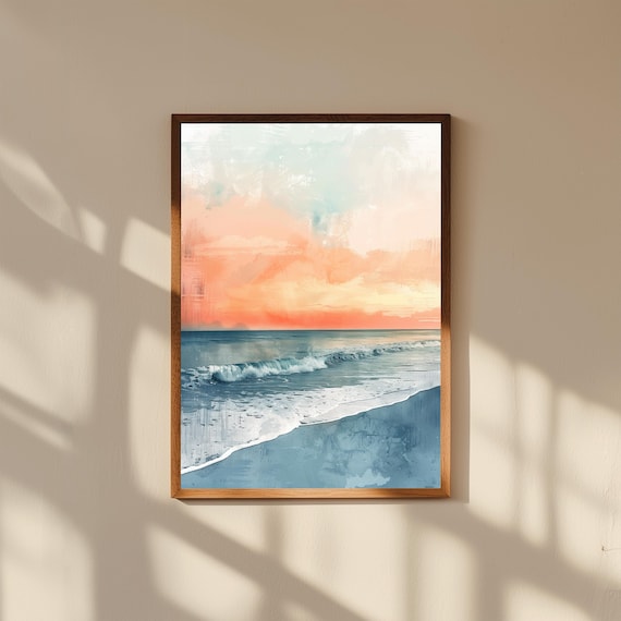 Pastel Beach Sunset Ocean Waves Pink Sky Calm Minimalist Ocean Art Print