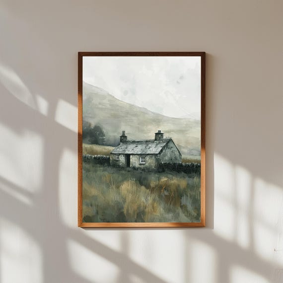 Cozy Stone Cottages In The Highlands Wall Art Rustic Mountain Village Landscape Countryside Cottage Canvas Serene Nature Print