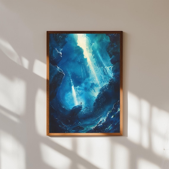 Deep Sea Scuba Diver Ocean Cave Light Rays Watercolor Poster