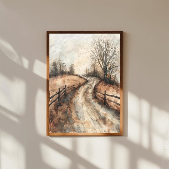 Rustic Country Road Painting Winding Dirt Path With Trees Fences Farmhouse Landscape Wall Art For Home Decor