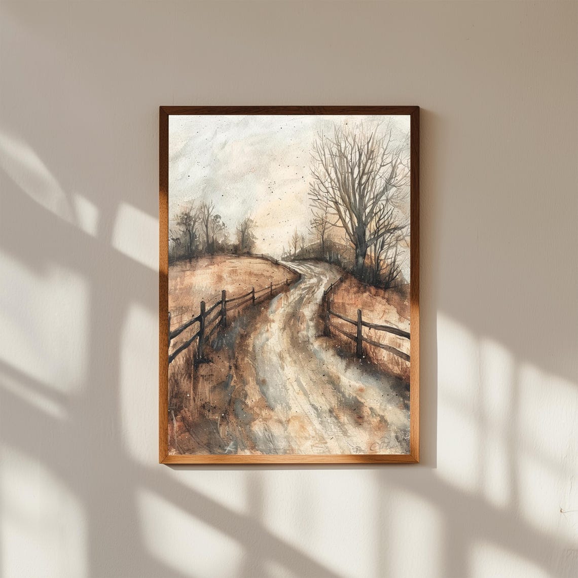 Muddy Country Road with Wooden Fences and Bare Winter Trees Poster