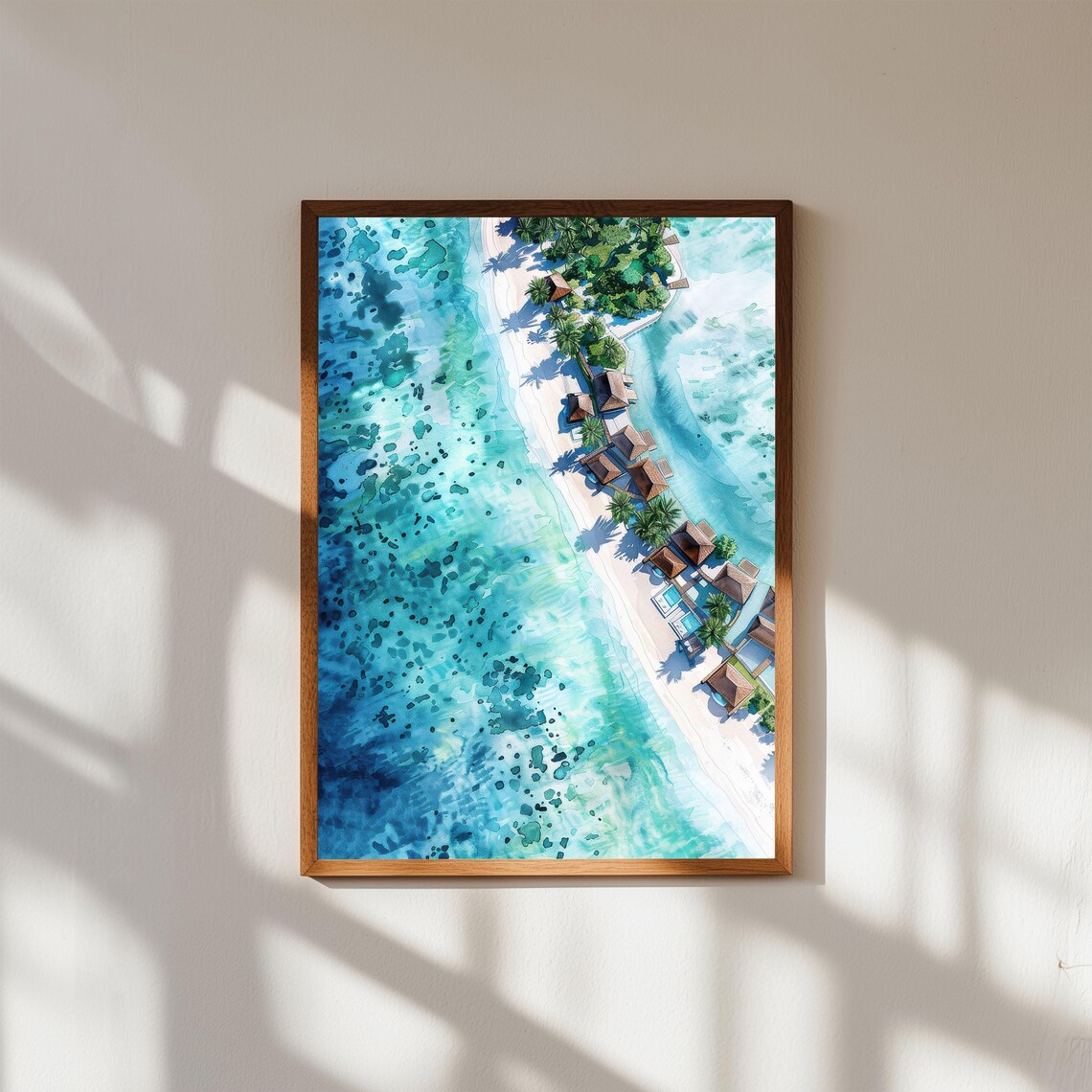 Maldives Aerial Overwater Villas Turquoise Lagoon Watercolor Print