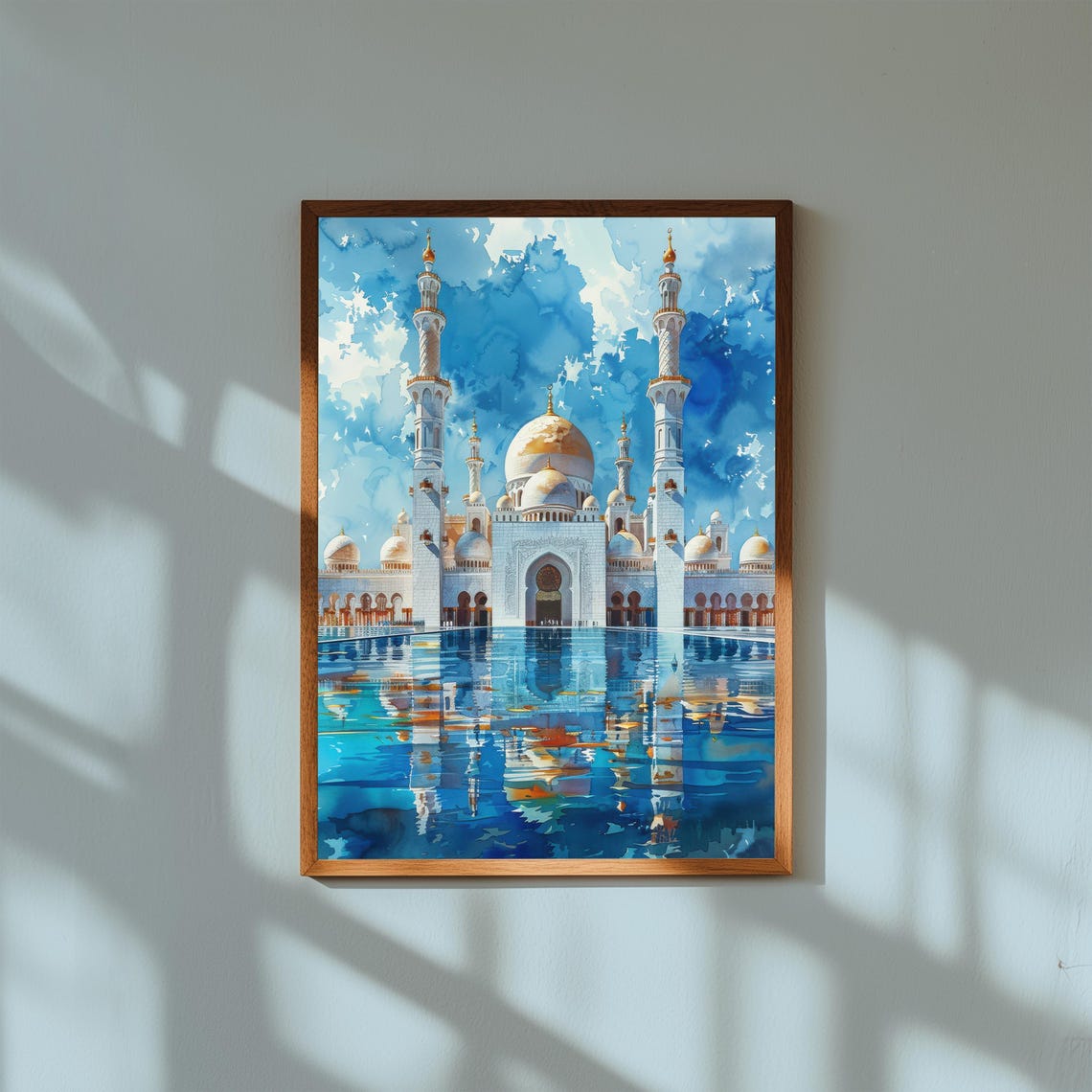 Sheikh Zayed Grand Mosque Watercolor Blue Sky Reflection Poster