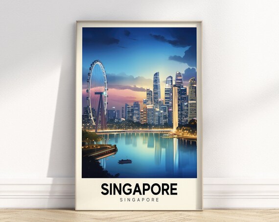 Singapore City Night Skyline Ferris Wheel Colorful Travel Poster