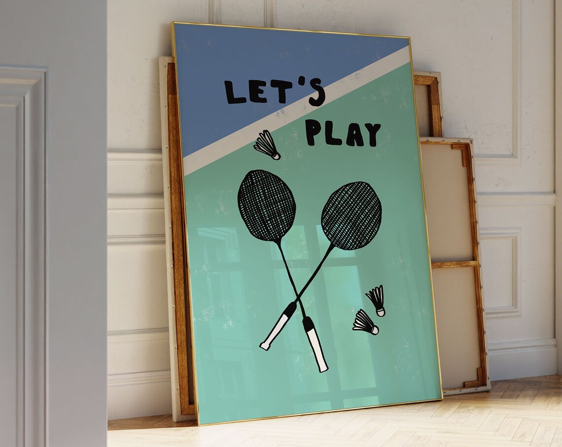 Lets Play Badminton Vintage Rackets Blue Mint Sports Gift Poster