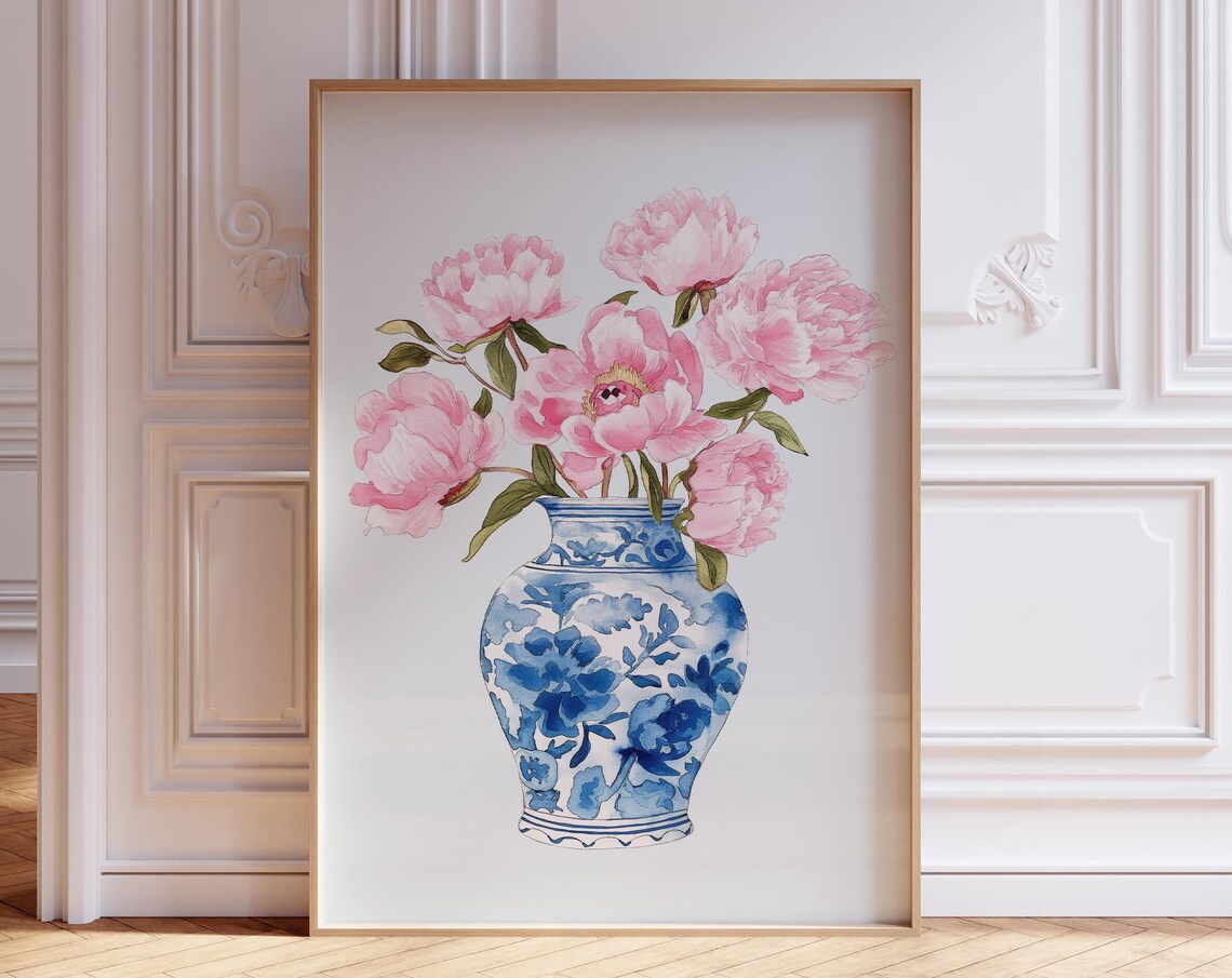 Pink Peonies in Blue Porcelain Vase Classic Watercolor Floral Poster