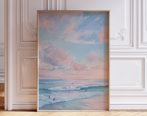 Pastel Ocean Sunset Surfers Dreamy Waves Beach Coastal Art Poster