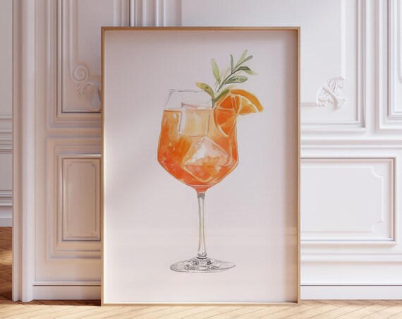 Watercolor Aperol Spritz Cocktail Glass Orange Slice Art Poster