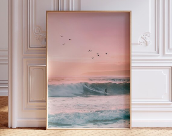 Beachy Wall Art Surf Poster Pink Sunset Hawaii Cute Surfboard Vintage Prints