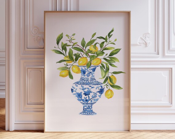 Lemon Art Print Blue And White Watercolor Cute Poster