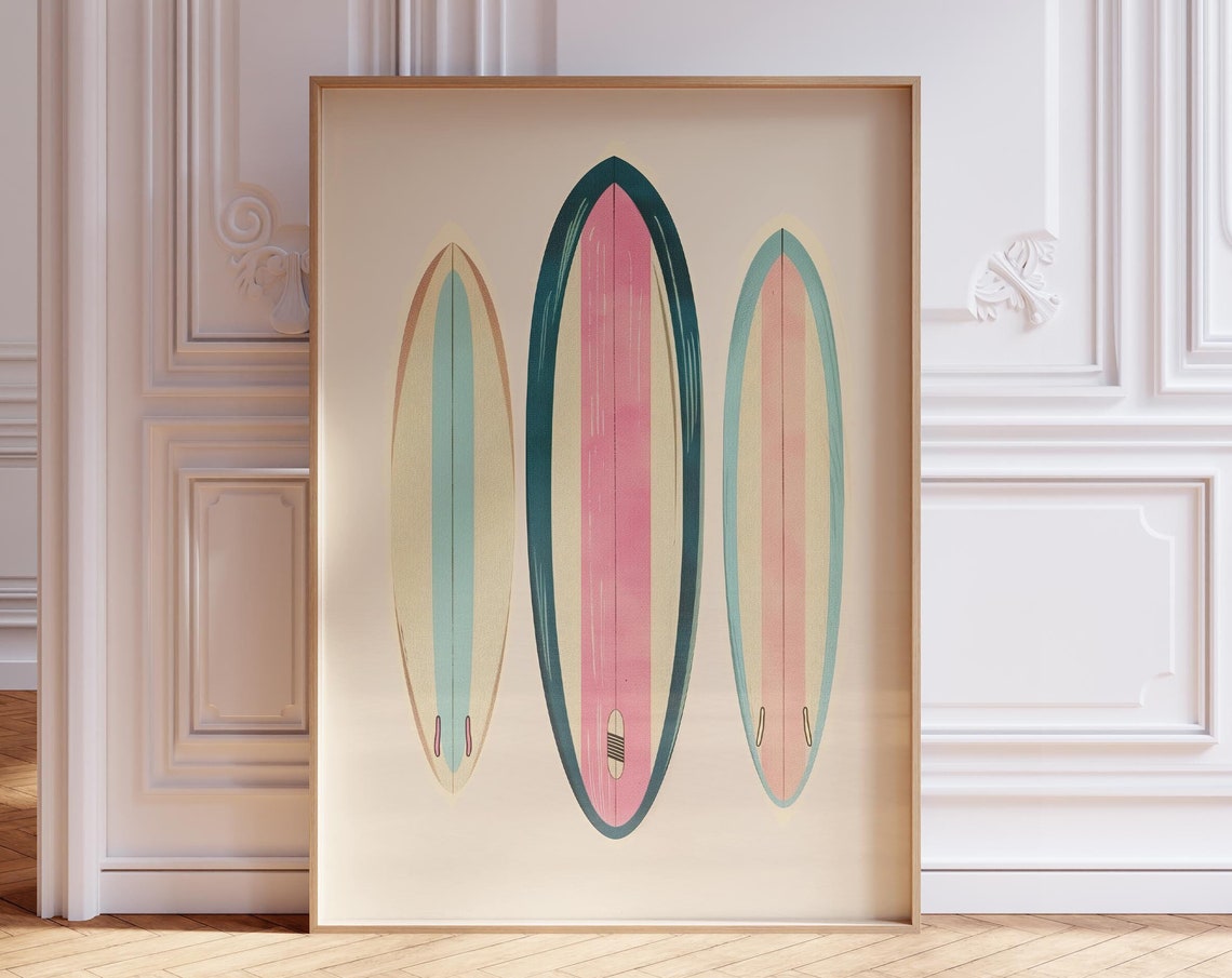 Three Vintage Surfboards Pink Teal Beach Coastal Decor Poster