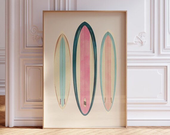 Three Vintage Surfboards Pink Teal Beach Coastal Decor Poster