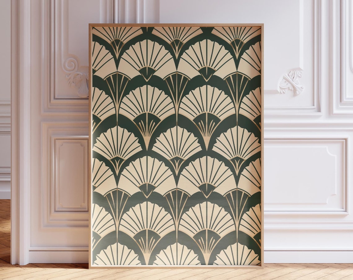 Art Deco Scallop Fan Pattern Forest Green Gold Glamour Poster