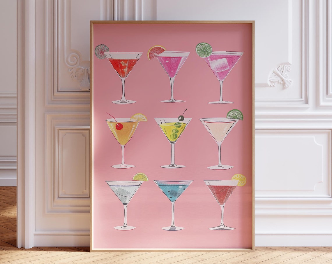 Pink Cosmopolitan Cocktail Grid Preppy Kitchen Bar Cart Print