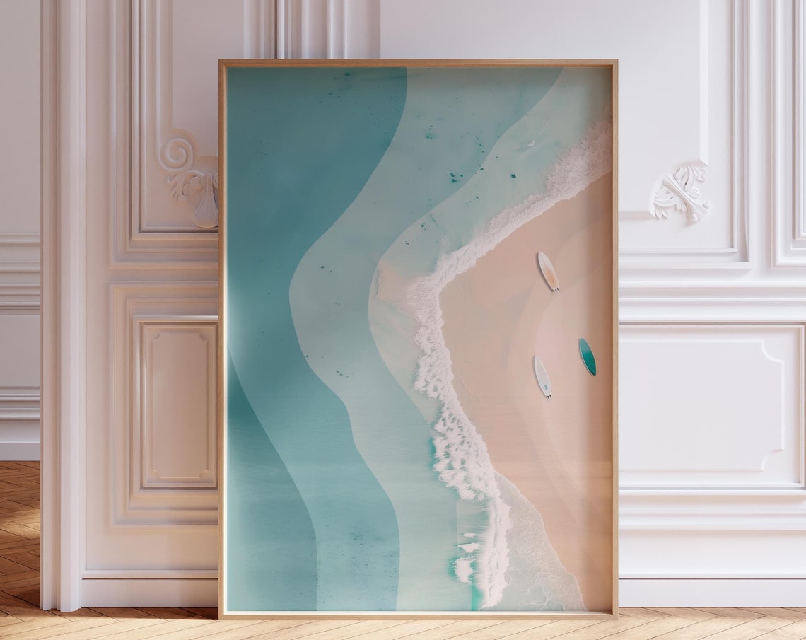 Aerial Beach Surfboards Turquoise Ocean Coastal Surf Art Poster