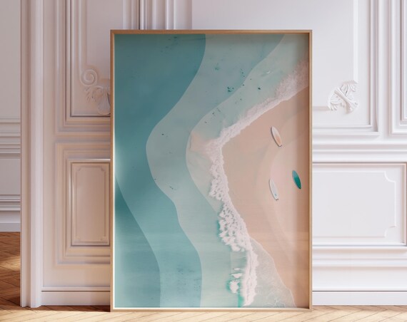 Aerial Beach Surfboards Turquoise Ocean Coastal Surf Art Poster