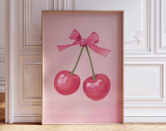Pink Cherries with Silk Ribbon Bow Coquette Room Decor Art Poster